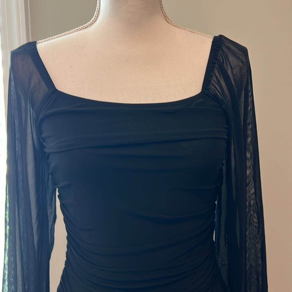 NEW Square Neck Long Sleeve Mini Ruched Bodycon Dress Stretch Cocktail Small S - Picture 2 of 16
